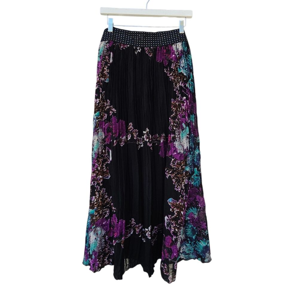 Black Floral Broomstick Skirt Purple Floral Size 2xl Elastic Waist Whimsygoth